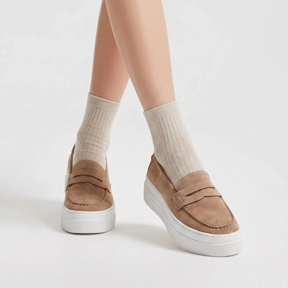 J/Slides AVA platform penny loafers in a light sand suede